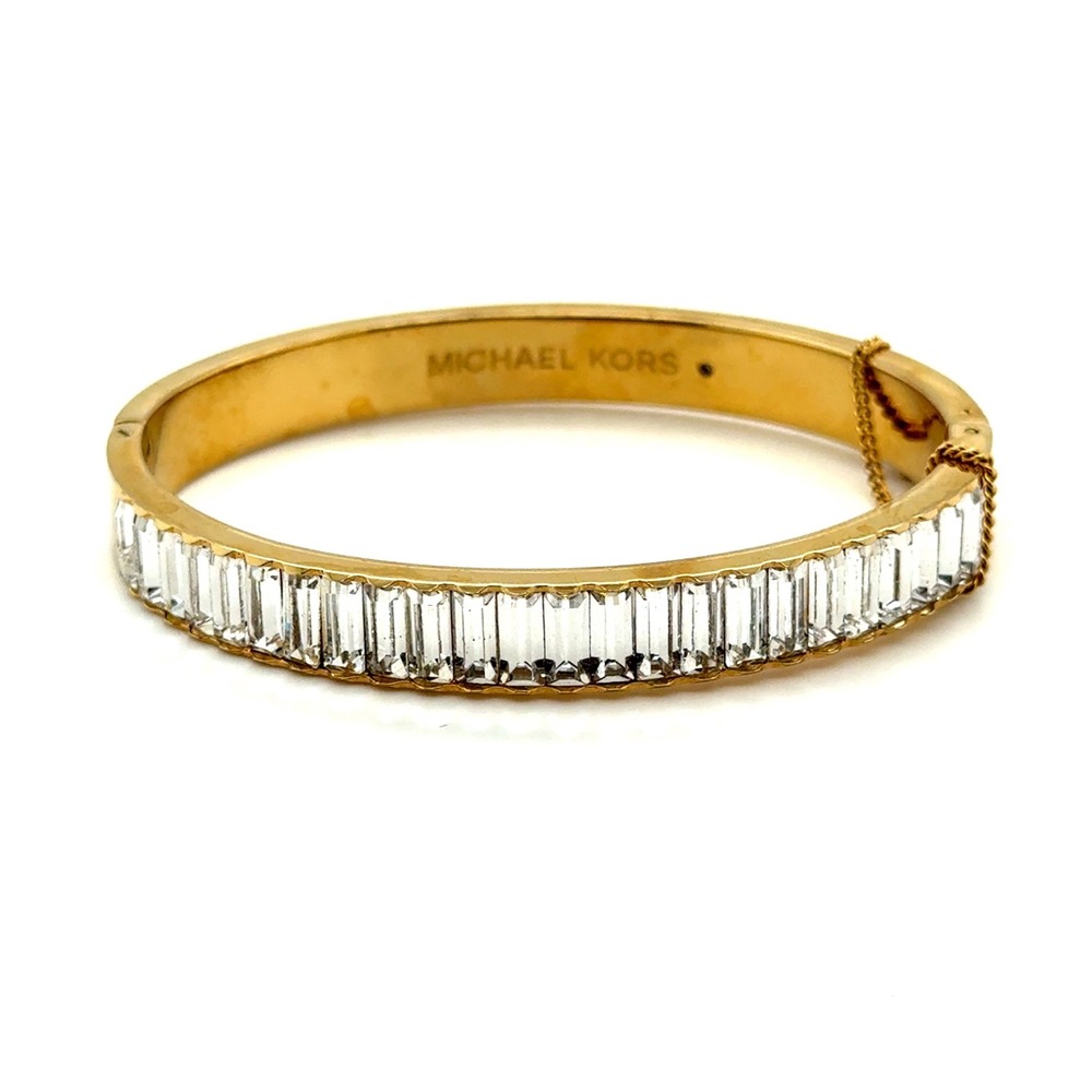 Michael Kors Gold Tone Baguette Crystal Hinge Bangle Bracelet Safety Chain